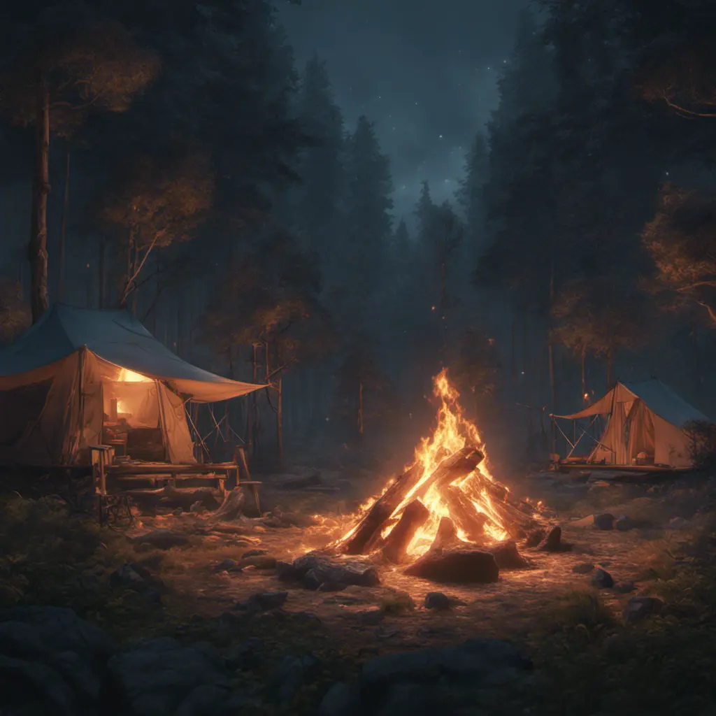 A highly detailed matte painting of a camp fire in the forest at night by studio ghibli, 4k resolution, Masterpiece, Trending on Artstation, Cyberpunk, Octane Render, Volumetric Lighting