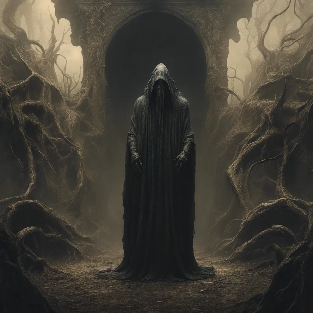 A feeling of dread, the personification of evil, a cloaked spirit, 8k, Gothic and Fantasy, Elden Ring, Photo Realistic, Dynamic Lighting by Zdzislaw Beksinski, H. R. (Hans Ruedi) Giger, Stanislaw Szukalski