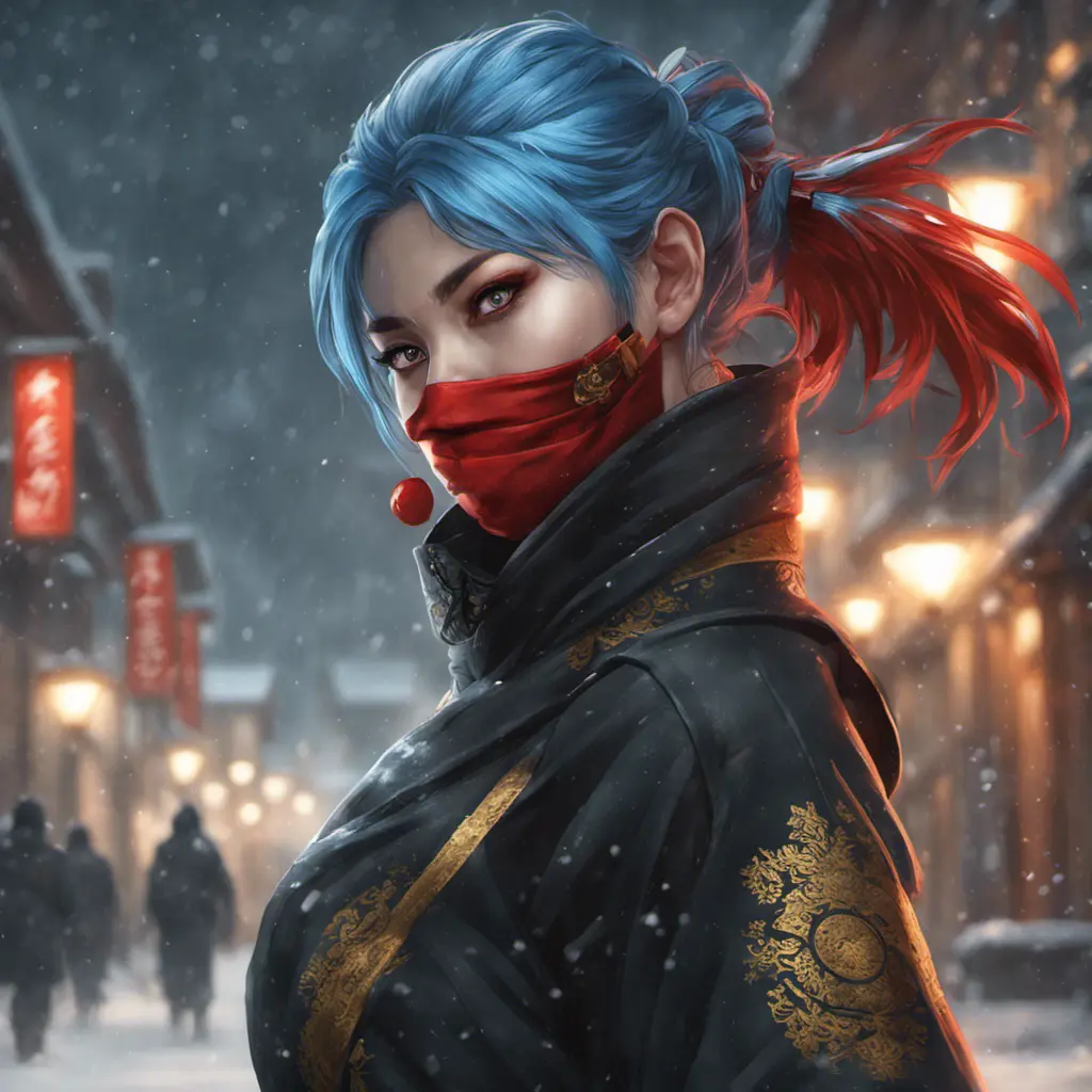 Mysterious beautiful kunoichi ninja wearing black, red and gold in the streets of a dark snowy town in russia, 8k, Intricate Details, Trending on Artstation, Blue Hair by Stanley Artgerm Lau, WLOP