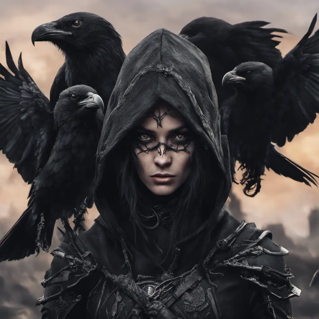 Intricate portrait of a horrifying pale assassin dusk elf, black hair, black eyes, fully covering black hooded armor in an apocalytpic world with Ravens, 8k, Gothic and Fantasy, Beautiful, Sci-Fi, Photo Realistic