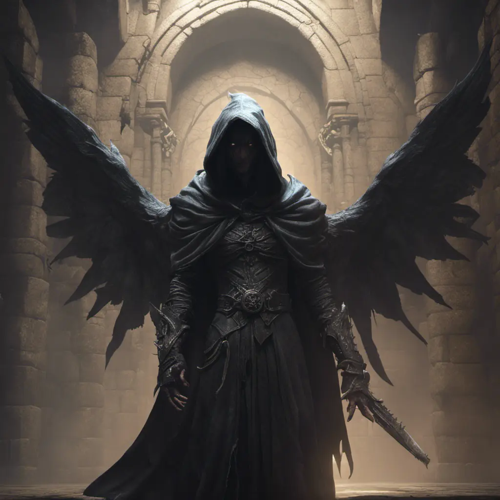 Hooded winged wraith in a dungeon, 8k, Gothic and Fantasy, Elden Ring, Photo Realistic, Dynamic Lighting by Greg Rutkowski