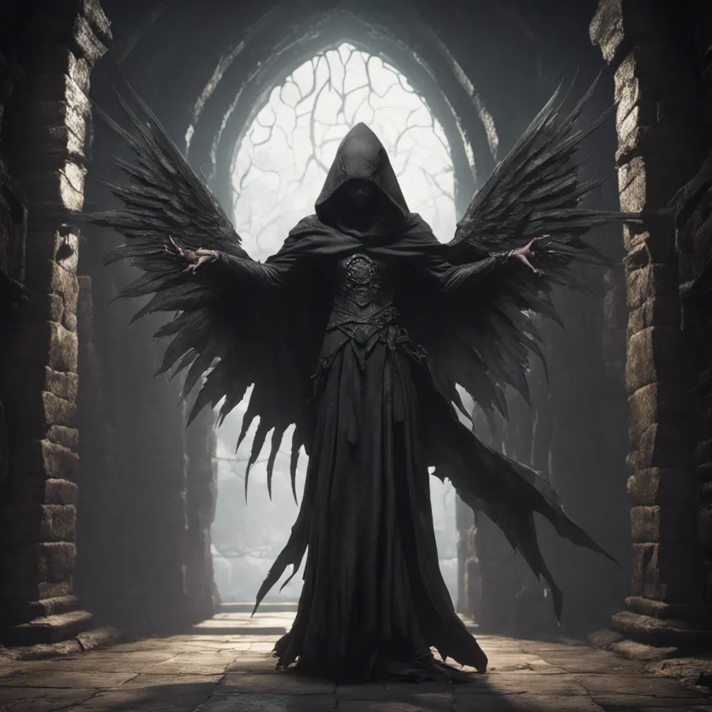 Hooded winged wraith in a dungeon, 8k, Gothic and Fantasy, Elden Ring, Photo Realistic, Dynamic Lighting by Greg Rutkowski