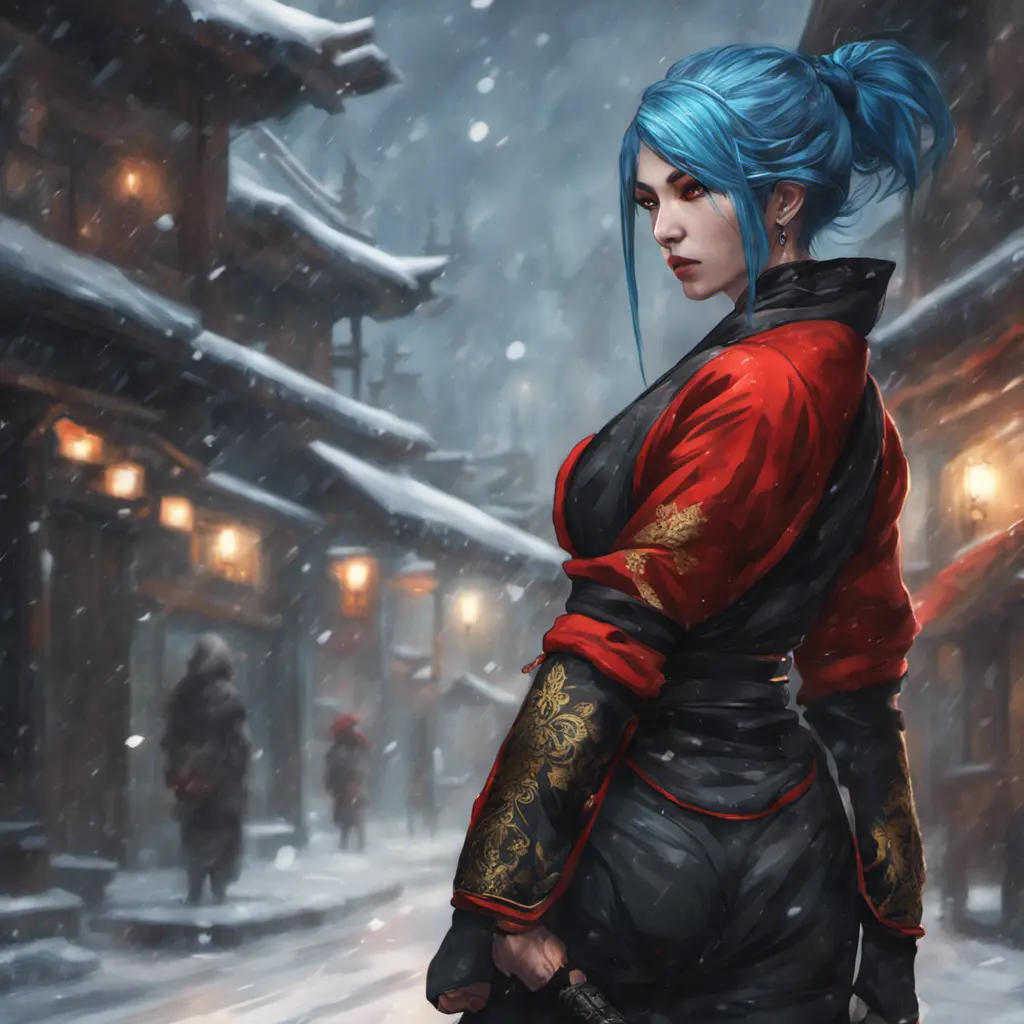 Mysterious beautiful kunoichi ninja wearing black, red and gold in the streets of a dark snowy town in russia, 8k, Intricate Details, Trending on Artstation, Blue Hair by Stanley Artgerm Lau, WLOP