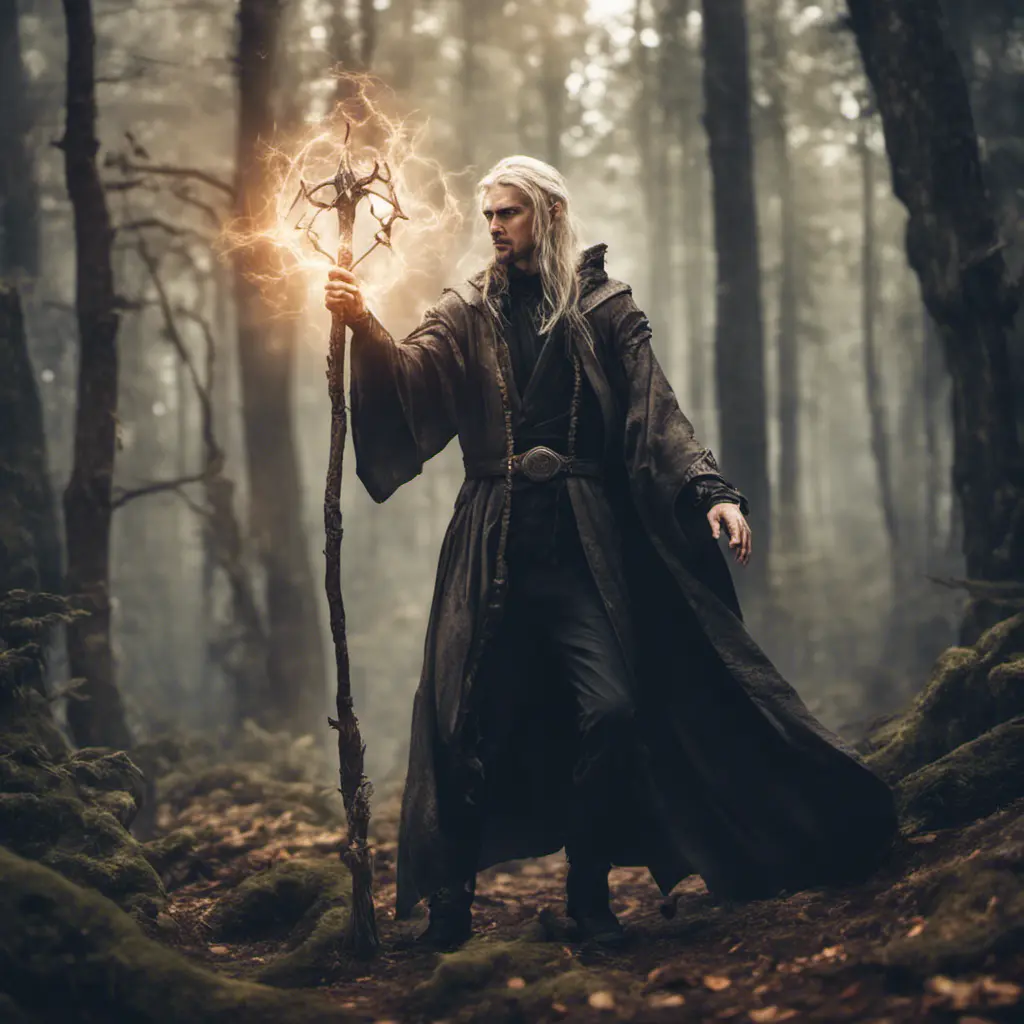 A masculine blonde wizard inside the forest, fighting an evil spirit with a magical staff, 8k, Gothic and Fantasy, Beautiful, Sci-Fi, Photo Realistic