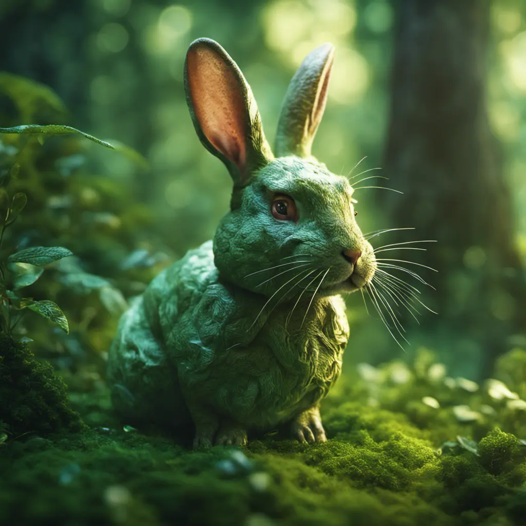 Rabbit in a green magical forest, Highly Detailed, Bokeh effect, Sharp Focus, Volumetric Lighting, Fantasy by Greg Rutkowski