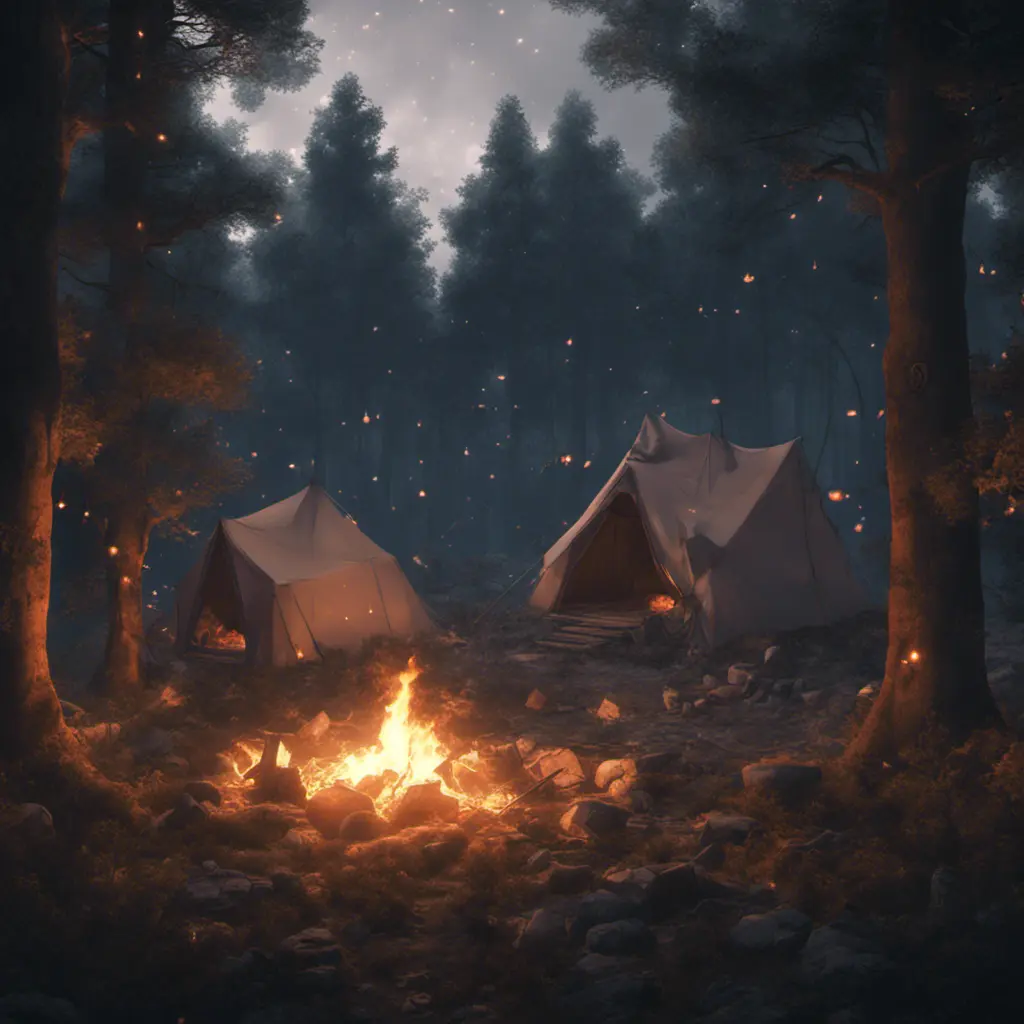 A highly detailed matte painting of a camp fire in the forest at night by studio ghibli, 4k resolution, Masterpiece, Trending on Artstation, Cyberpunk, Octane Render, Volumetric Lighting