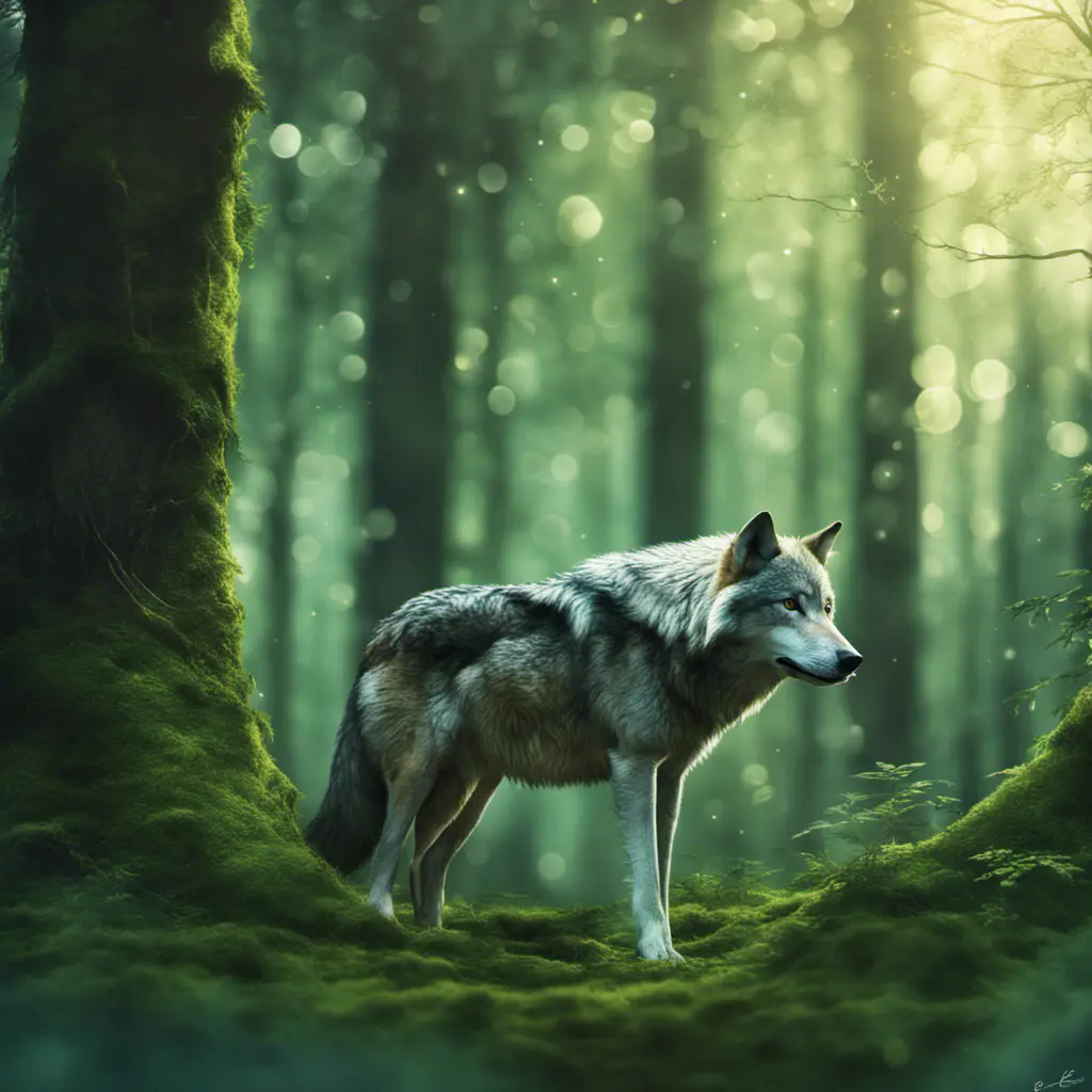 Wolf in a green magical forest, Highly Detailed, Bokeh effect, Sharp Focus, Volumetric Lighting, Fantasy by Greg Rutkowski