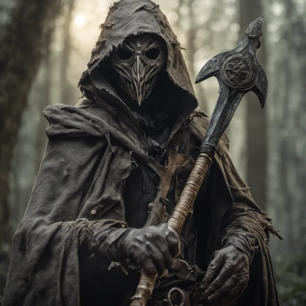 Warrior in tattered gray cloak and crooked ceramic plague docter mask wielding jungle weapon, 8k, Gothic and Fantasy, Elden Ring, Photo Realistic, Dynamic Lighting by Greg Rutkowski