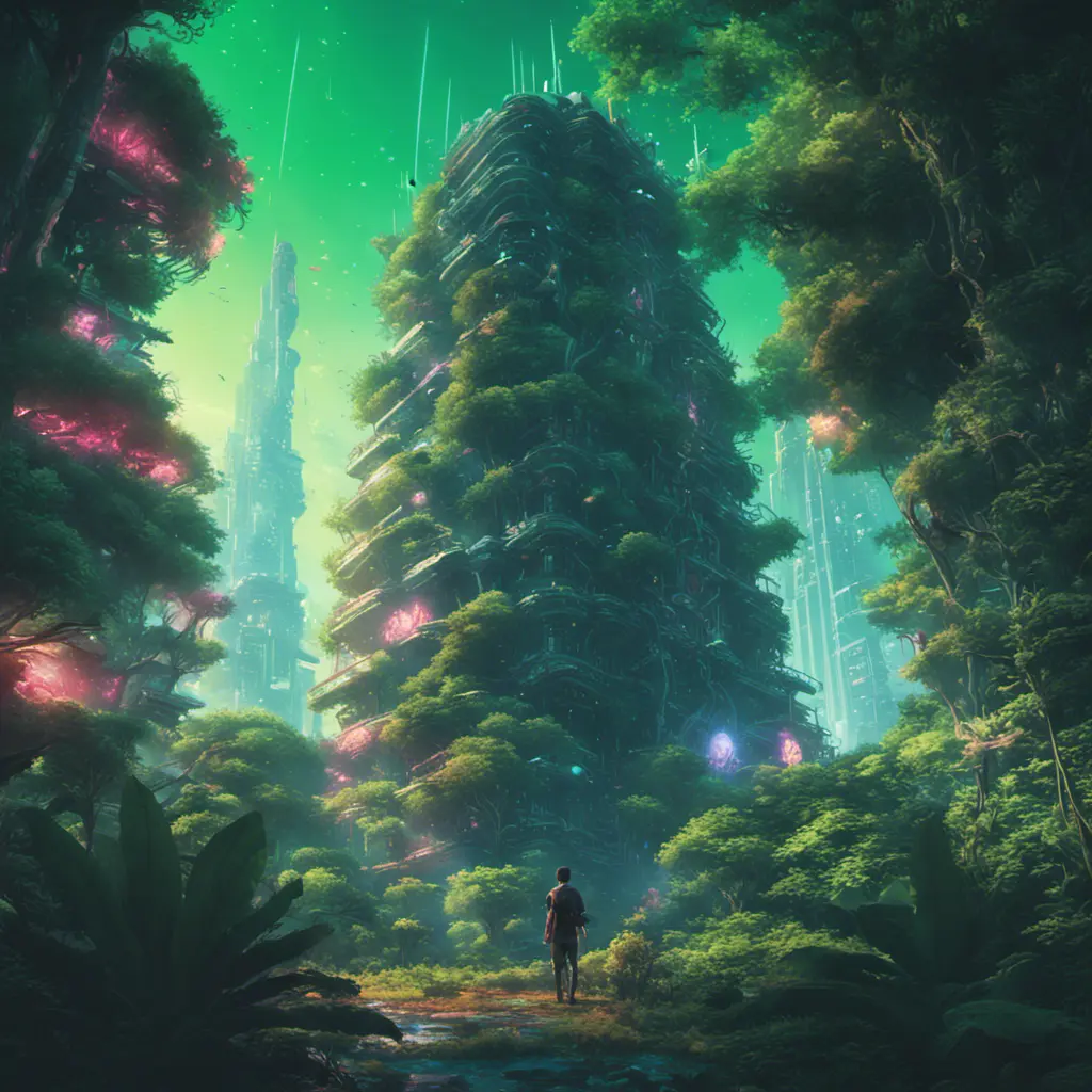 Studio ghibli, rocket explosion, jungle, solar, green technology, optimist future, 8k, Bokeh effect, Cinematic Lighting, Iridescence, Vibrant by Beeple, Dan Mumford, Greg Rutkowski, WLOP