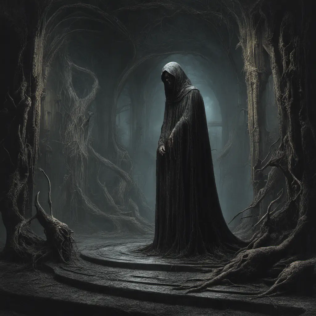 A feeling of dread, the personification of evil, a cloaked spirit, 8k, Gothic and Fantasy, Elden Ring, Photo Realistic, Dynamic Lighting by Zdzislaw Beksinski, H. R. (Hans Ruedi) Giger, Stanislaw Szukalski