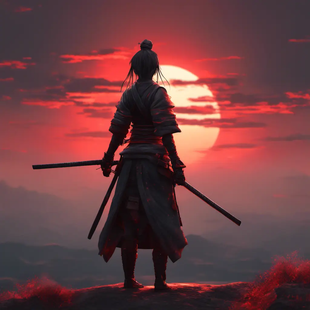 Backview of a female samurai assassin. The sky is colored by a red sun set, 8k, Dystopian, Trending on Artstation, Volumetric Lighting