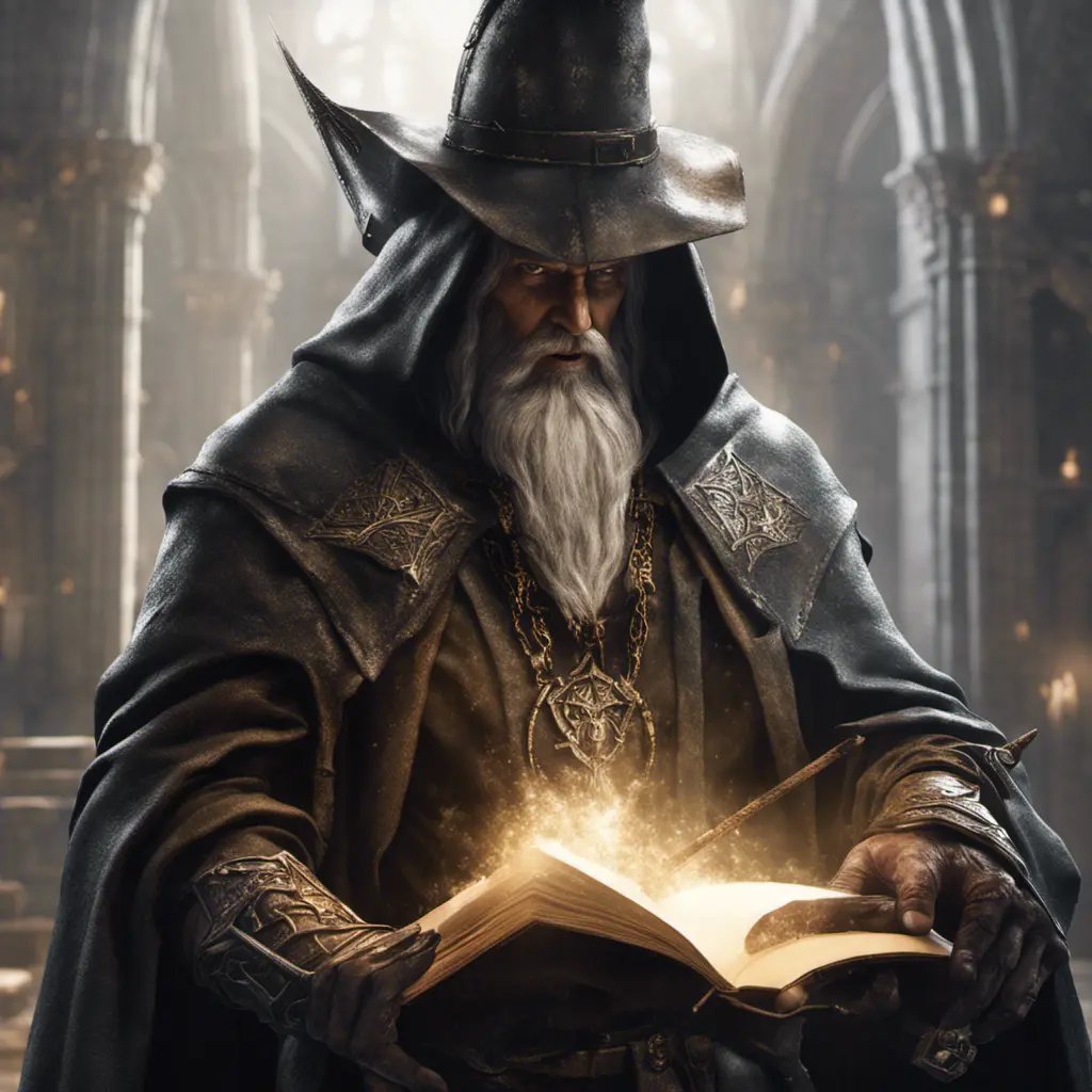 Fierce wizard with book in left and sword right hand, 8k, Gothic and Fantasy, Elden Ring, Photo Realistic, Dynamic Lighting by Greg Rutkowski