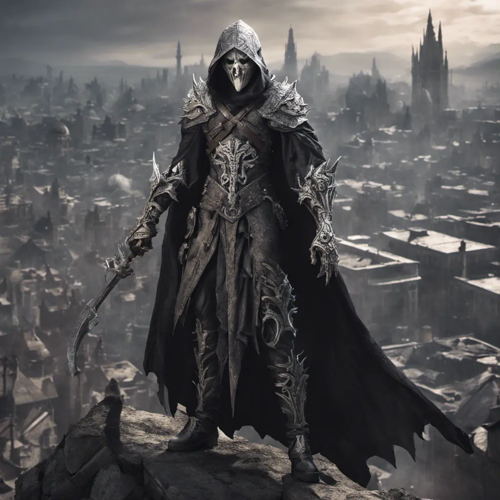 White male warrior long silver  hair with organic bone full body armour and a hooded cloak wearing a bone demonic mask, overlooking a gothic massive city, 8k, Gothic and Fantasy, Elden Ring, Photo Realistic, Dynamic Lighting by Greg Rutkowski