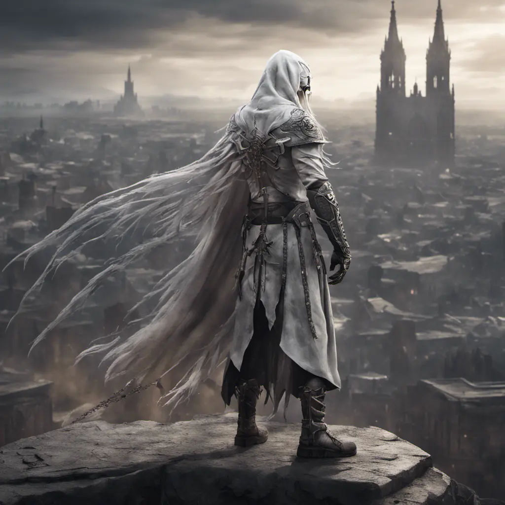 White male warrior long silver  hair with organic bone full body armour and a hooded cloak wearing a bone demonic mask, overlooking a gothic massive city, 8k, Gothic and Fantasy, Elden Ring, Photo Realistic, Dynamic Lighting by Greg Rutkowski