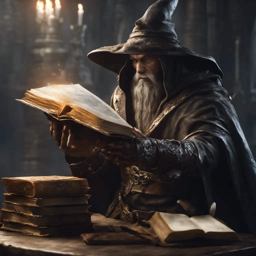 Fierce wizard with book in left and sword right hand, 8k, Gothic and Fantasy, Elden Ring, Photo Realistic, Dynamic Lighting by Greg Rutkowski