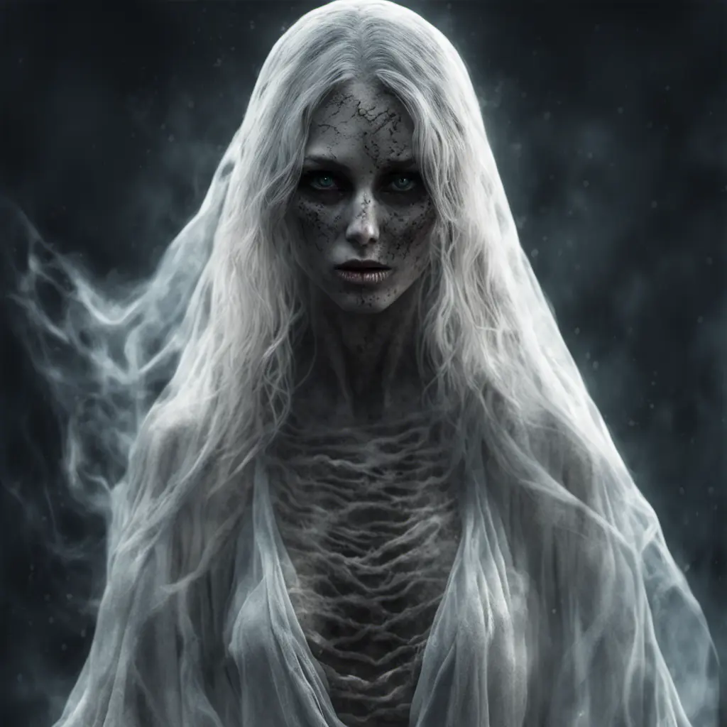 Ghostly rotting dead evil undead siren, graceful, flowing robes, wispy, glowing dark eyes, darkness, 8k, Gothic and Fantasy, Beautiful, Sci-Fi, Photo Realistic