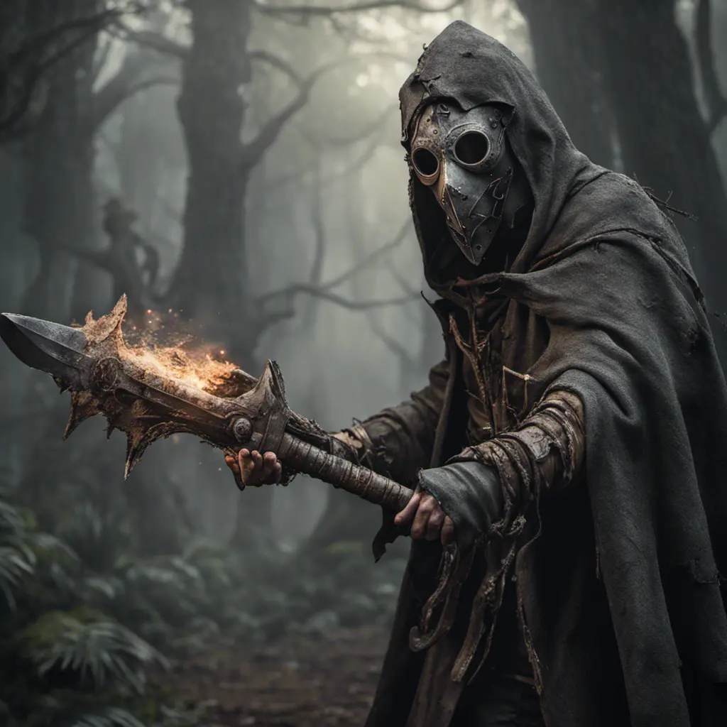 Warrior in tattered gray cloak and crooked ceramic plague docter mask wielding jungle weapon, 8k, Gothic and Fantasy, Elden Ring, Photo Realistic, Dynamic Lighting by Greg Rutkowski