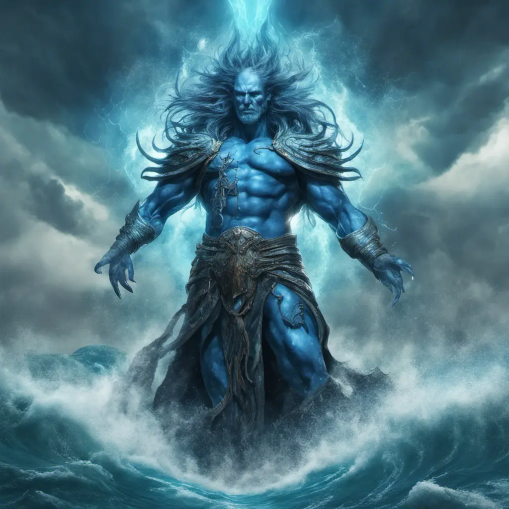 A celestial Blue-skinned God of the Seas, Storms, and Exploring emanating power of the seas, wearing half-leather, shrouded in storms in the style of digital art, 8k, Fantasy