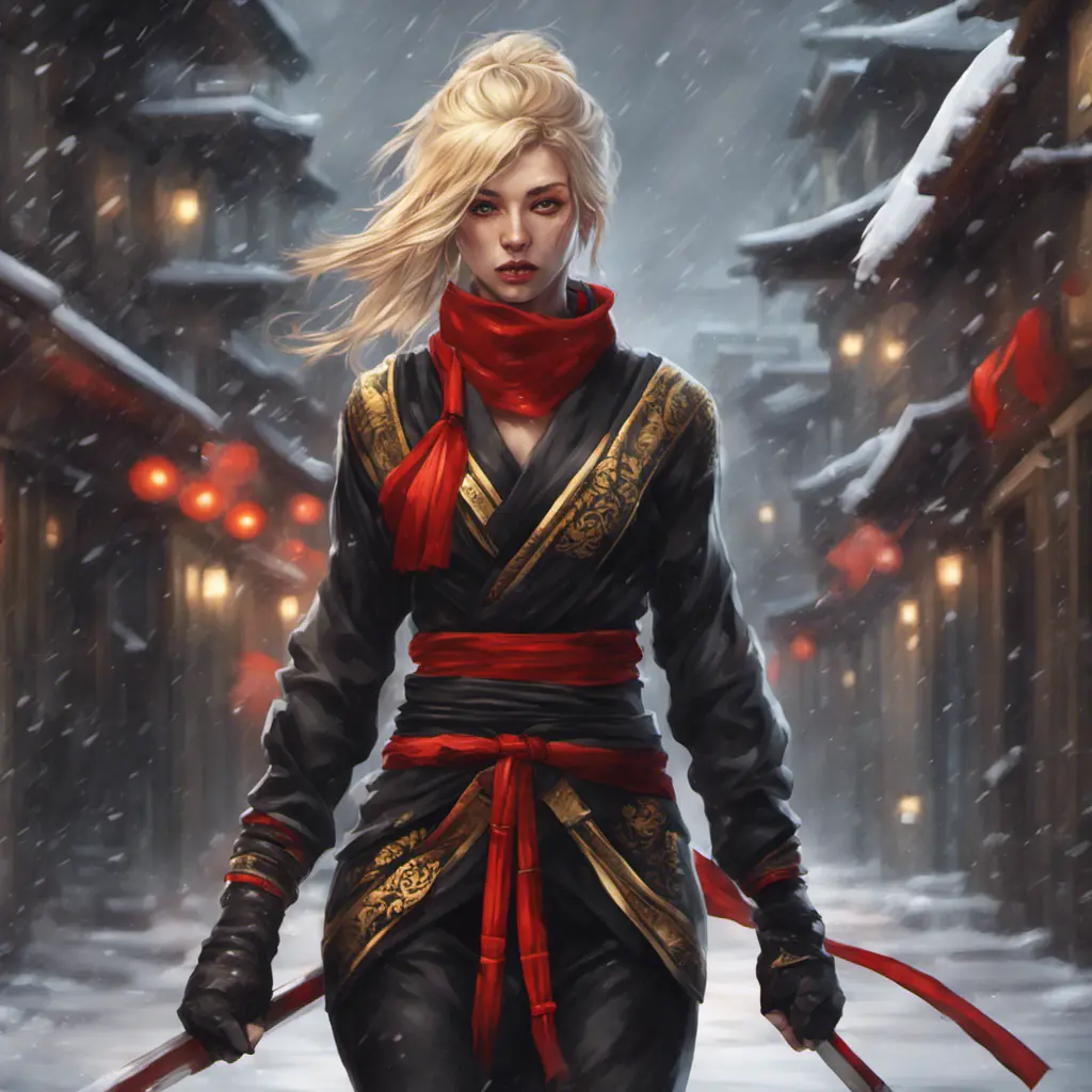 Mysterious beautiful kunoichi ninja wearing black, red and gold in the streets of a dark snowy town in russia, 8k, Intricate Details, Trending on Artstation, Blonde Hair by Stanley Artgerm Lau, WLOP