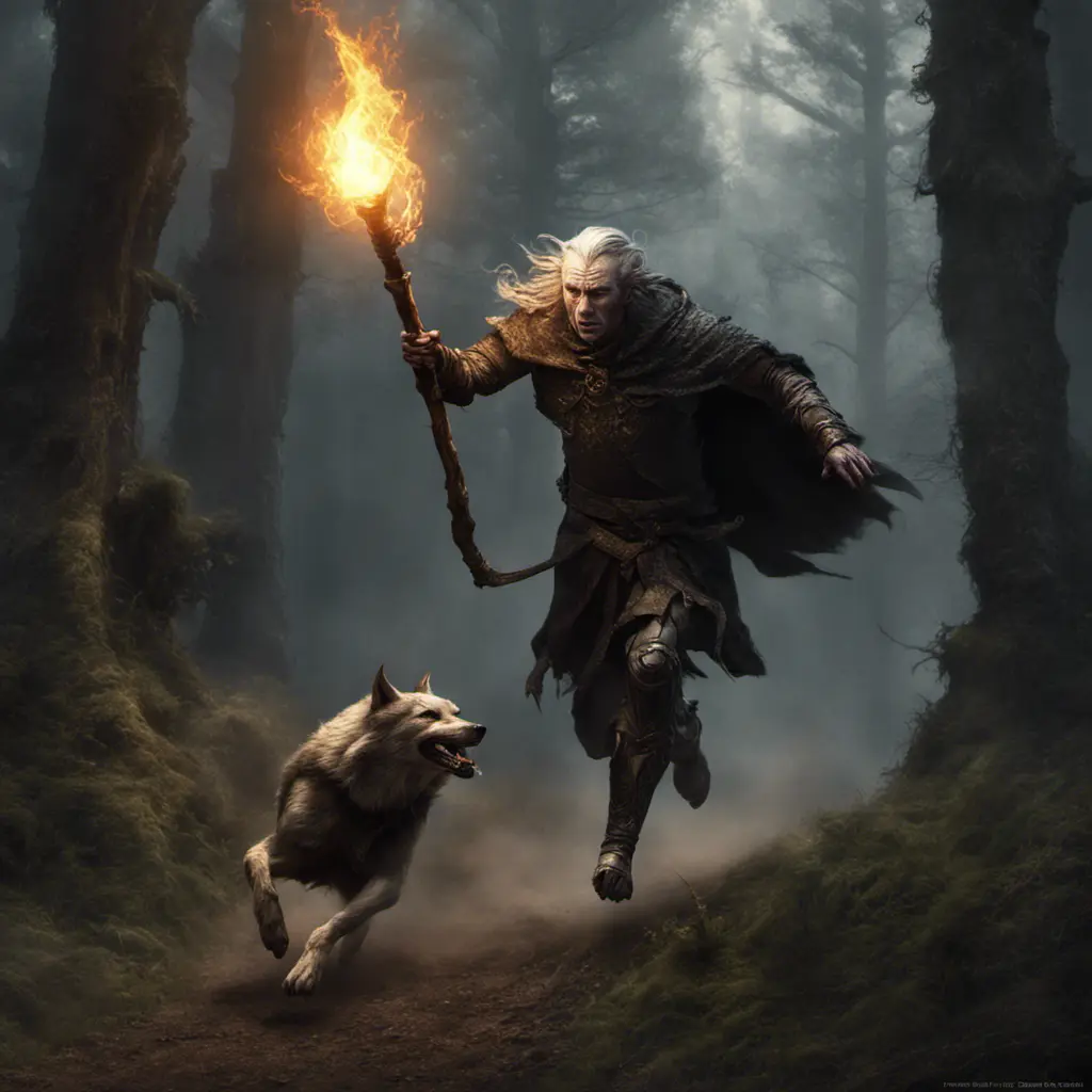 an a old dark elf running into the wood being pursuit by a wolf and humans with an torch. About middle earth, 8k, Gothic and Fantasy, Beautiful, Sci-Fi, Photo Realistic by Greg Rutkowski