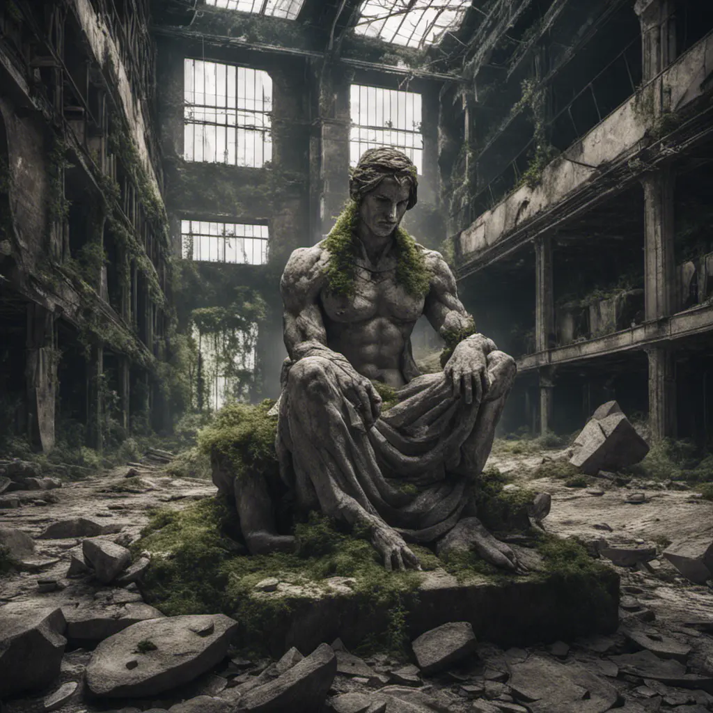 Close up, top view of a huge stone statue broken into pieces inside an abandoned warehouse overgrown inside abandonated factory, big rocks,, 8k, Gothic and Fantasy, Beautiful, Sci-Fi, Photo Realistic by Greg Rutkowski