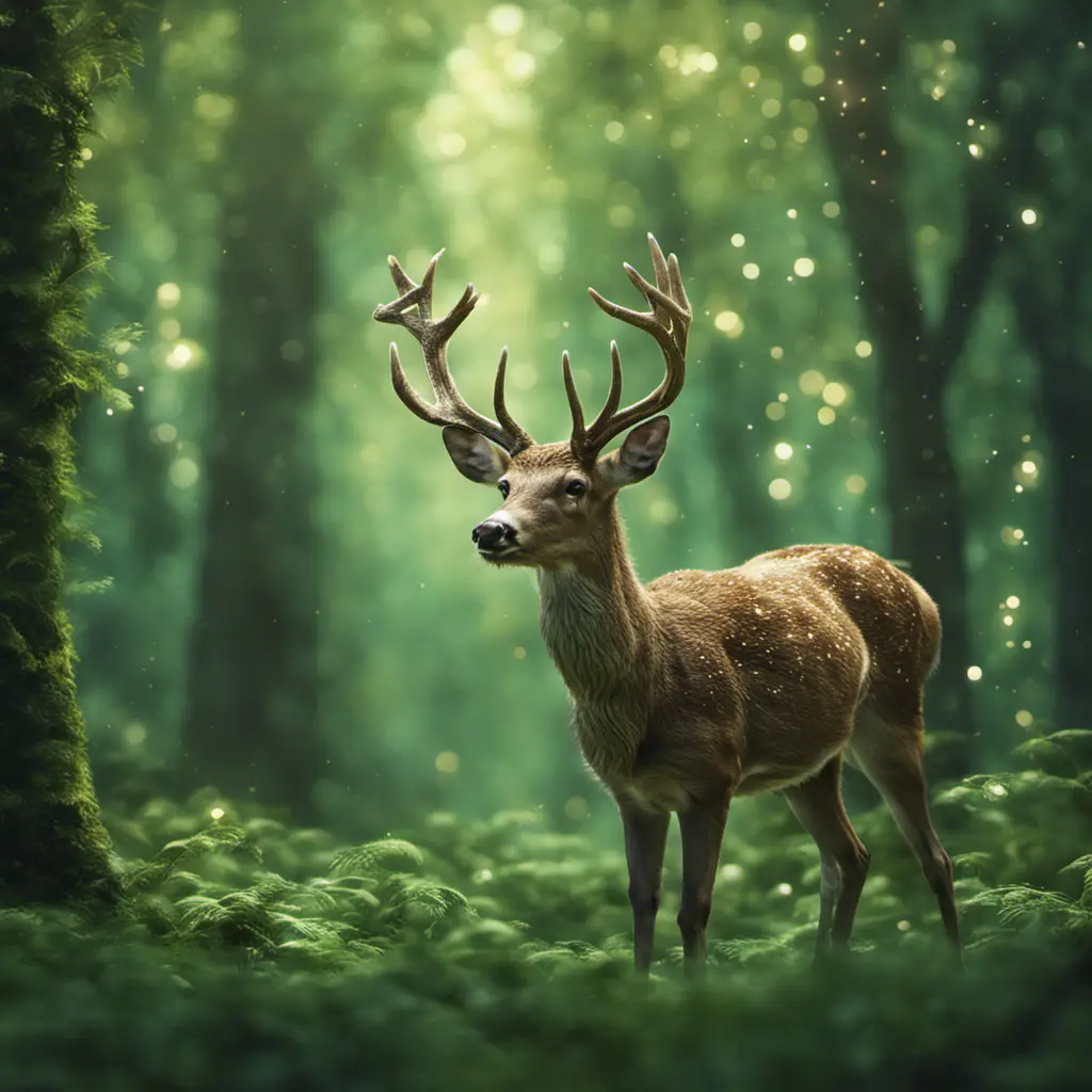 Deer in a green magical forest, Highly Detailed, Bokeh effect, Sharp Focus, Volumetric Lighting, Fantasy by Greg Rutkowski