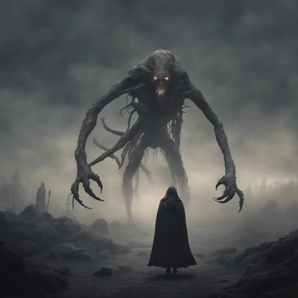 Humanoid creature eldritch horror, dark obscured by fog, full body shot, far away, 8k, Gothic and Fantasy, Beautiful, Sci-Fi, Photo Realistic