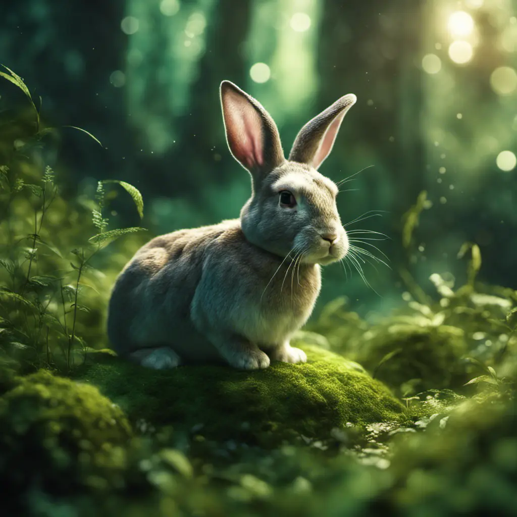 Rabbit in a green magical forest, Highly Detailed, Bokeh effect, Sharp Focus, Volumetric Lighting, Fantasy by Greg Rutkowski