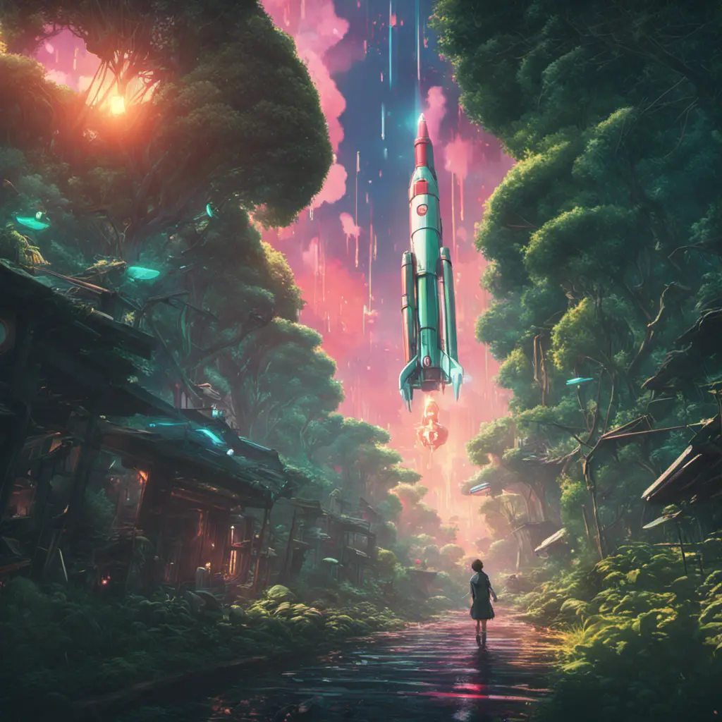 Studio ghibli, rocket explosion, jungle, solar, green technology, optimist future, 8k, Bokeh effect, Cinematic Lighting, Iridescence, Vibrant by Beeple, Dan Mumford, Greg Rutkowski, WLOP