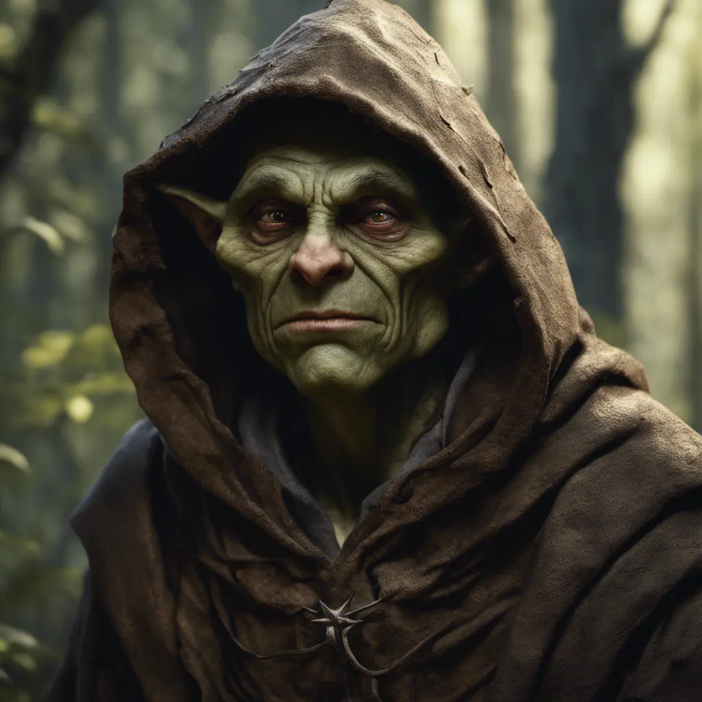 Detailed goblin with tired expression wearing a brown hooded cloak in a forest, 8k, Gothic and Fantasy, Elden Ring, Photo Realistic, Dynamic Lighting by Greg Rutkowski