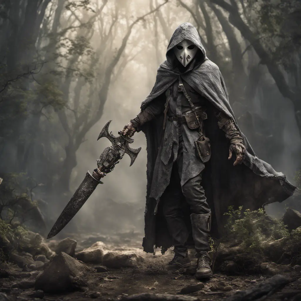 Warrior in tattered gray cloak and crooked ceramic plague docter mask wielding jungle weapon, 8k, Gothic and Fantasy, Elden Ring, Photo Realistic, Dynamic Lighting by Greg Rutkowski