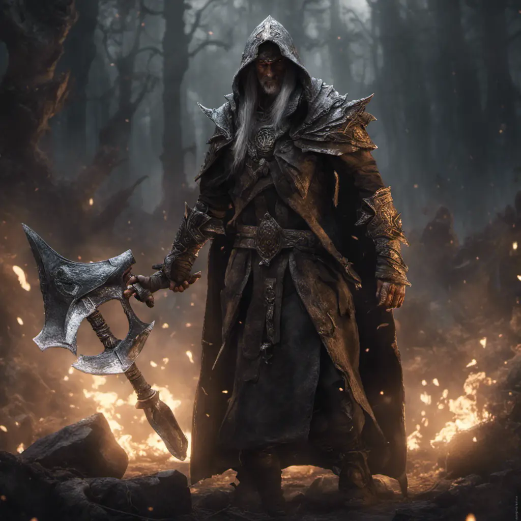 Portrait of a battlemage in a dark-fantasay world during his last standoff ,leading an army of light against demons. Holding two Axes, 8k, Gothic and Fantasy, Elden Ring, Photo Realistic, Dynamic Lighting by Greg Rutkowski