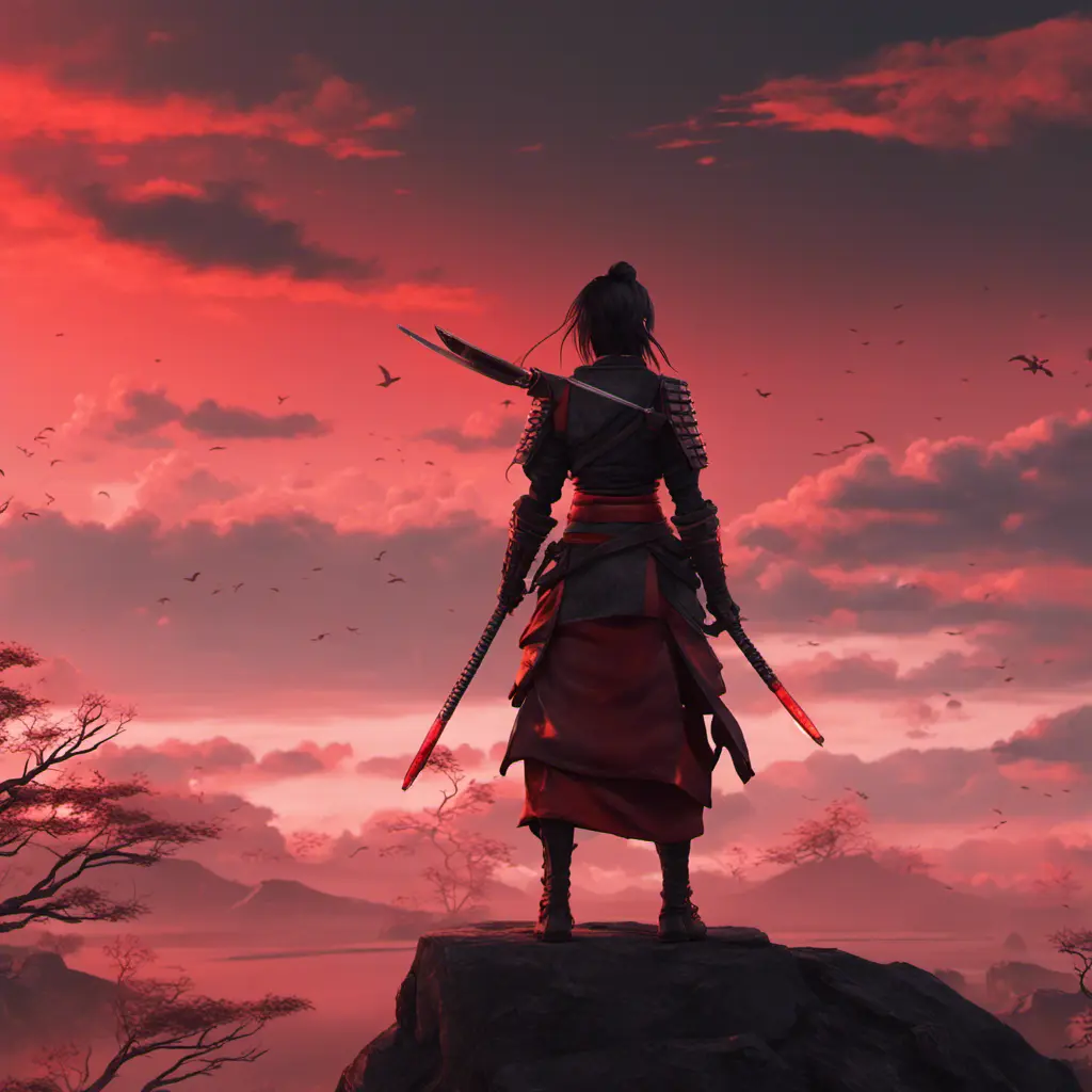 Backview of a female samurai assassin. The sky is colored by a red sun set, 8k, Dystopian, Trending on Artstation, Volumetric Lighting