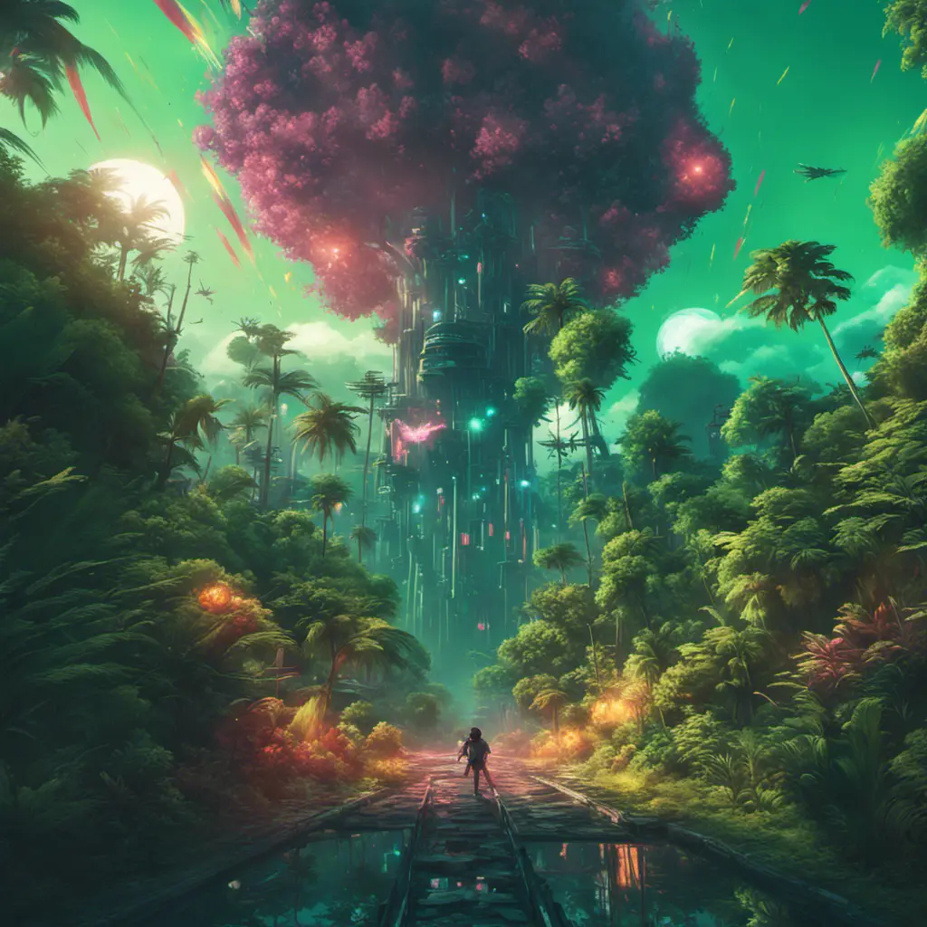 Studio ghibli, rocket explosion, jungle, solar, green technology, optimist future, 8k, Bokeh effect, Cinematic Lighting, Iridescence, Vibrant by Beeple, Dan Mumford, Greg Rutkowski, WLOP