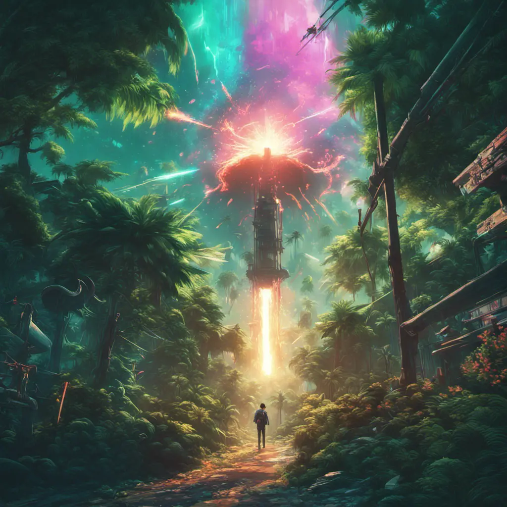 Studio ghibli, rocket explosion, jungle, solar, green technology, optimist future, 8k, Bokeh effect, Cinematic Lighting, Iridescence, Vibrant by Beeple, Dan Mumford, Greg Rutkowski, WLOP