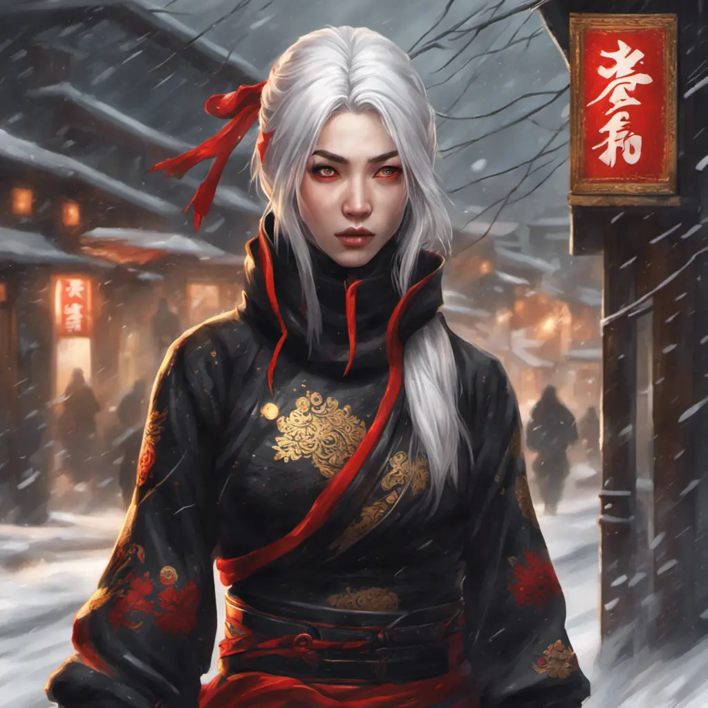 Mysterious beautiful kunoichi ninja wearing black, red and gold in the streets of a dark snowy town in russia, 8k, Intricate Details, Trending on Artstation, White Hair by Stanley Artgerm Lau, WLOP