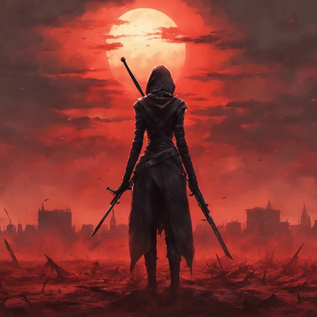 Back view of a female assassin on a bloody batte field. The sky is colored by a red sun set, Dystopian, Volumetric Lighting