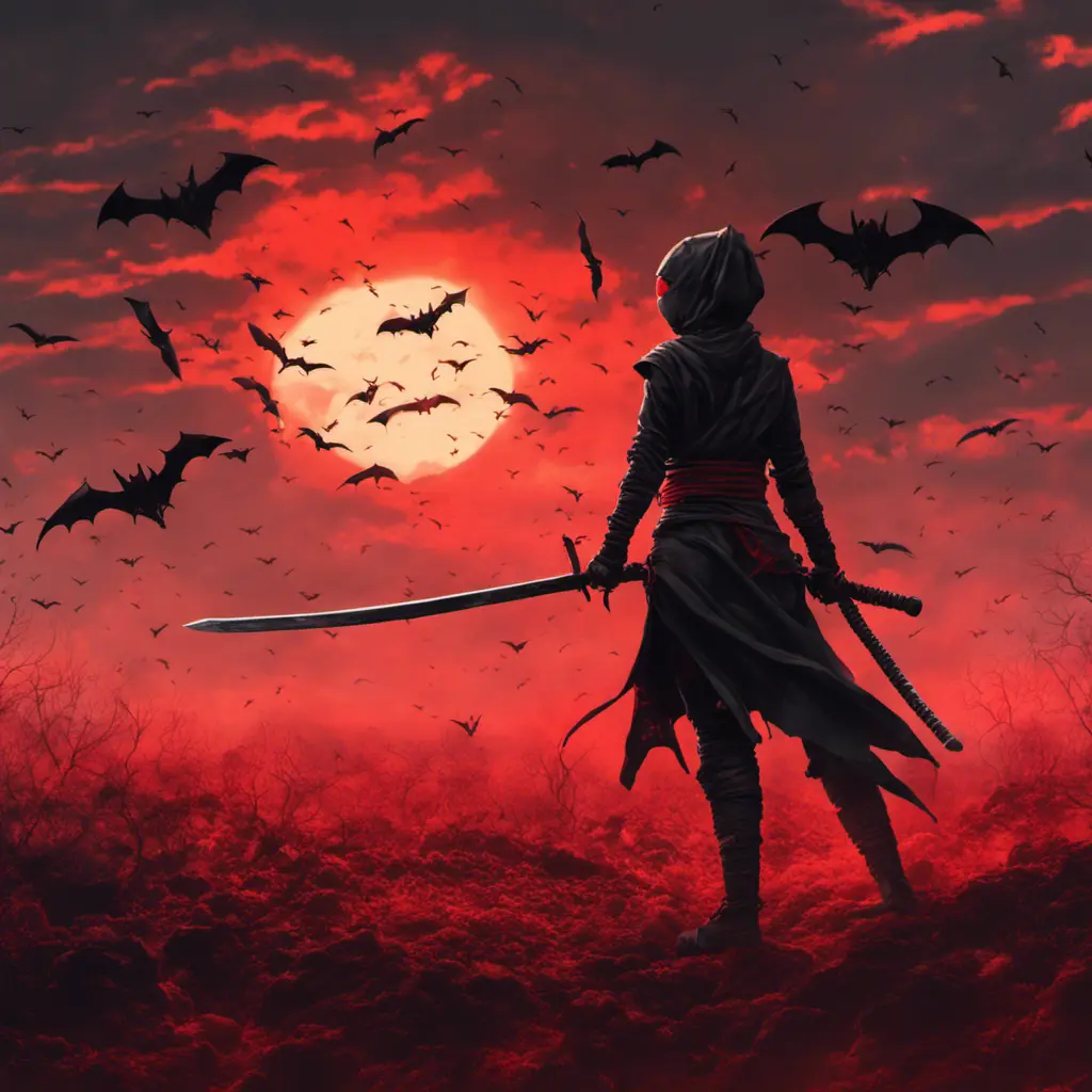 Back view of a female ninja on a bloody batte field. Flying bats in the sky that is colored by a red sun set, Dystopian, Volumetric Lighting