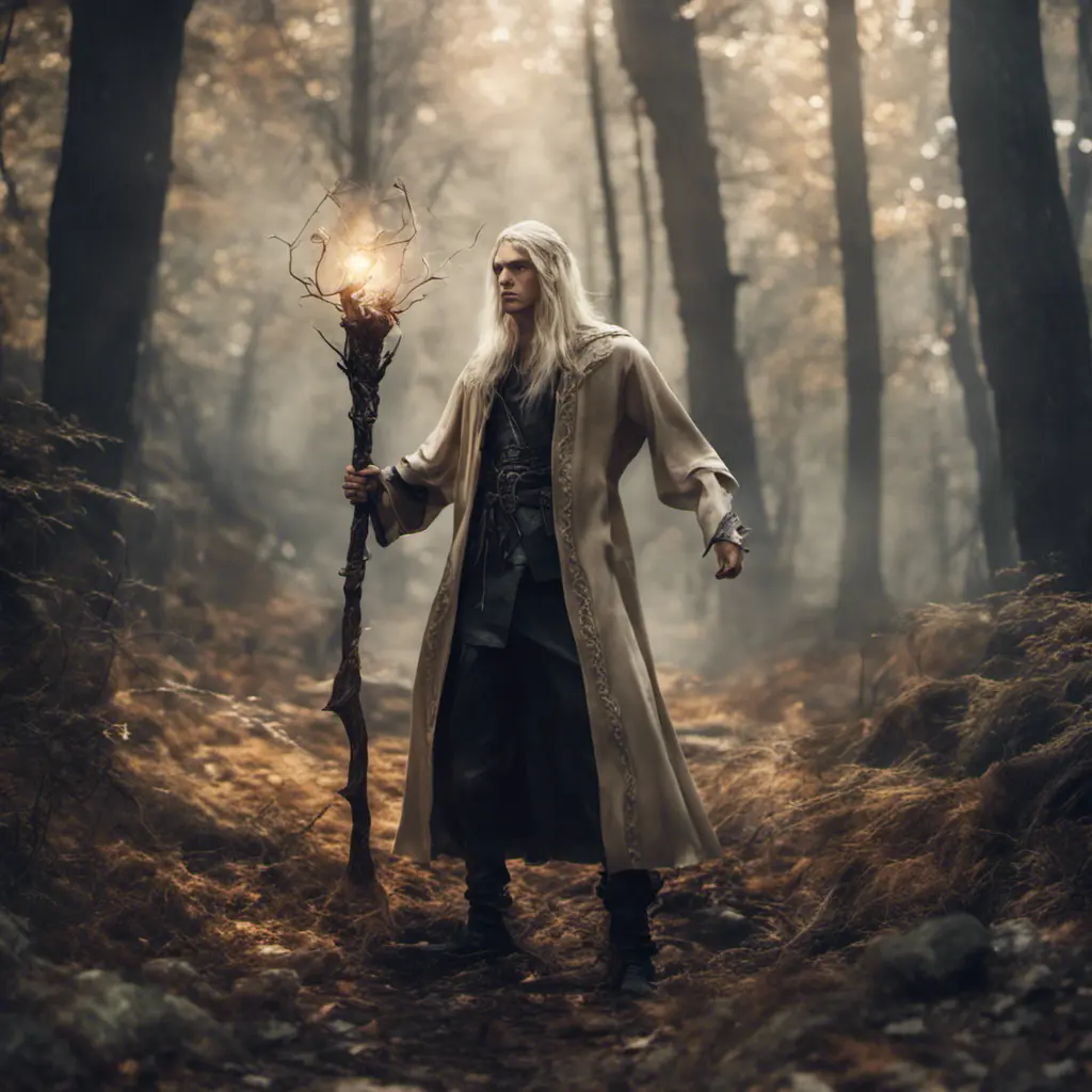 A masculine blonde wizard inside the forest, fighting an evil spirit with a magical staff, 8k, Gothic and Fantasy, Beautiful, Sci-Fi, Photo Realistic