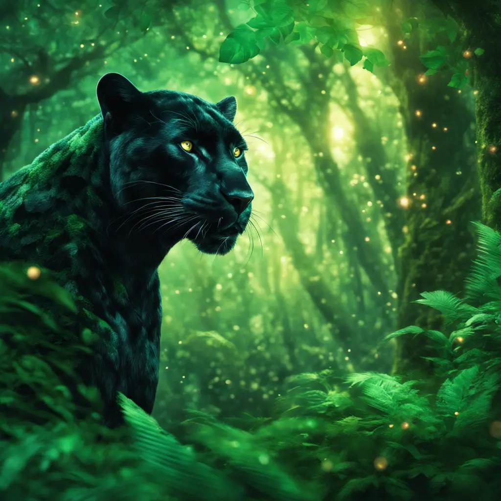 Panther in a luscious green magical forest, Highly Detailed, Bokeh effect, Sharp Focus, Volumetric Lighting, Fantasy by Greg Rutkowski