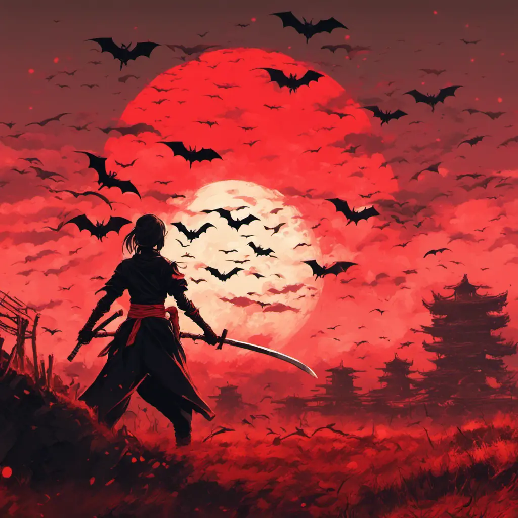 Back view of a female ninja on a bloody batte field. Flying bats in the sky that is colored by a red sun set, Dystopian, Volumetric Lighting