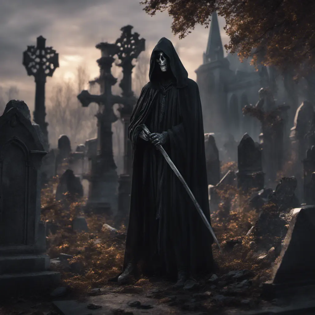 Portrait of the grim reaper in a graveyard, 8k, Gothic and Fantasy, Elden Ring, Photo Realistic, Dynamic Lighting by Greg Rutkowski