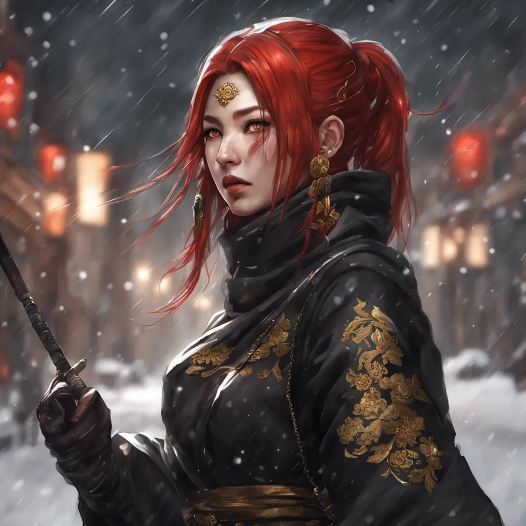 Mysterious beautiful kunoichi ninja with ashen hair wearing black and gold jewelry in the streets of a dark snowy town in russia, 8k, Intricate Details, Trending on Artstation, Red Hair by Stanley Artgerm Lau, WLOP