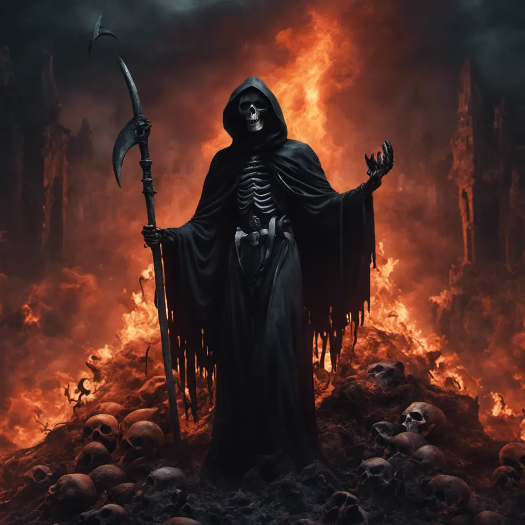 Grim reaper in hell, above a pile of corpses, dark and scary night, 8k, Gothic and Fantasy, Beautiful, Sci-Fi, Photo Realistic