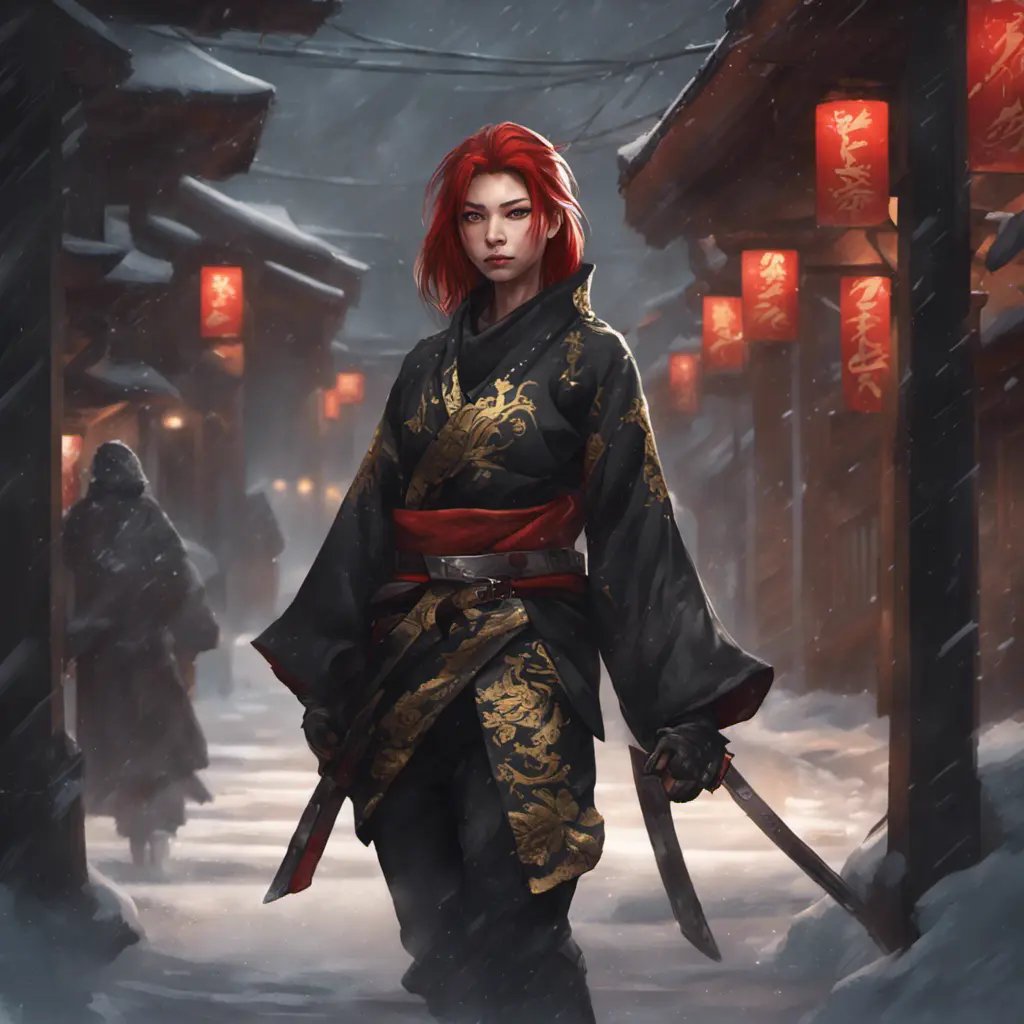 Mysterious beautiful kunoichi ninja with ashen hair wearing black and gold jewelry in the streets of a dark snowy town in russia, 8k, Intricate Details, Trending on Artstation, Red Hair by Stanley Artgerm Lau, WLOP