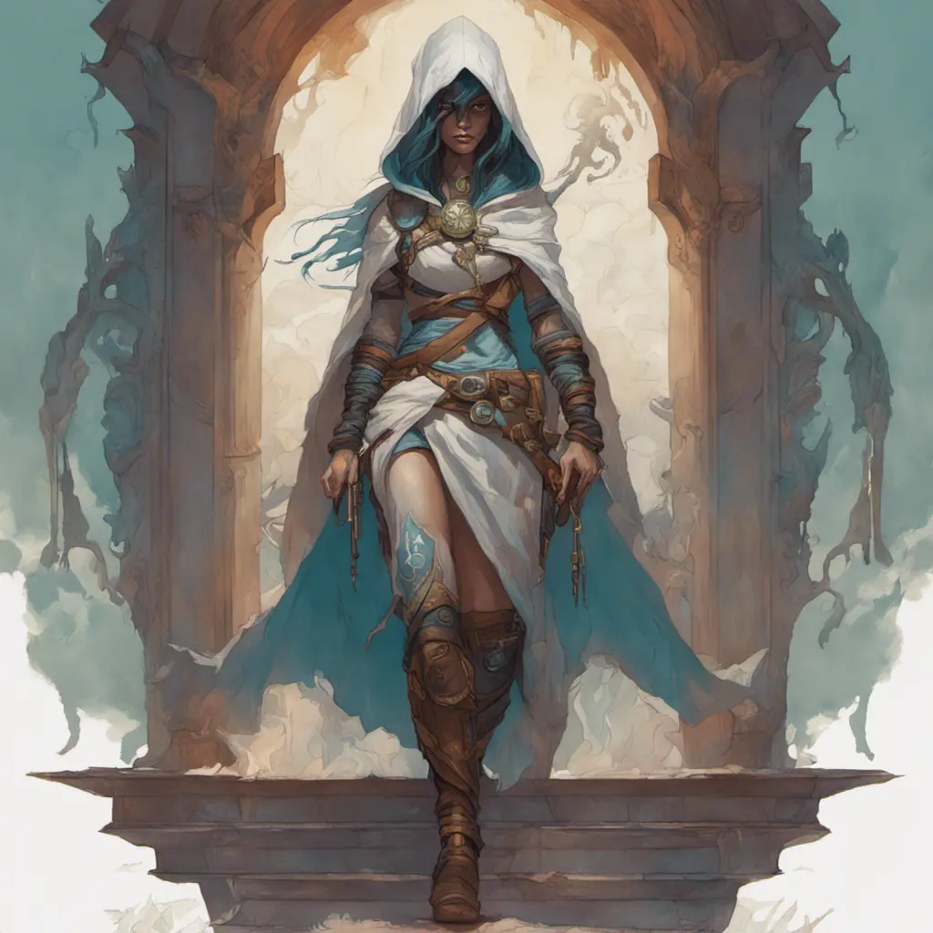 Kassandra white hooded assassin, Highly Detailed, Vibrant Colors, Ink Art, Fantasy, Dark by Peter Mohrbacher