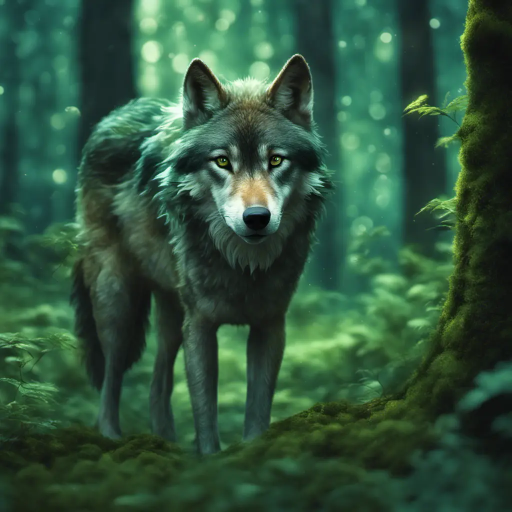 Wolf in a green magical forest, Highly Detailed, Bokeh effect, Sharp Focus, Volumetric Lighting, Fantasy by Greg Rutkowski