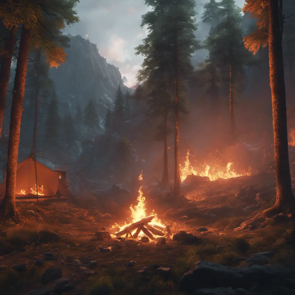 A highly detailed matte painting of a camp fire in an epic mountain forest, 4k resolution, Masterpiece, Trending on Artstation, Cyberpunk, Octane Render, Volumetric Lighting