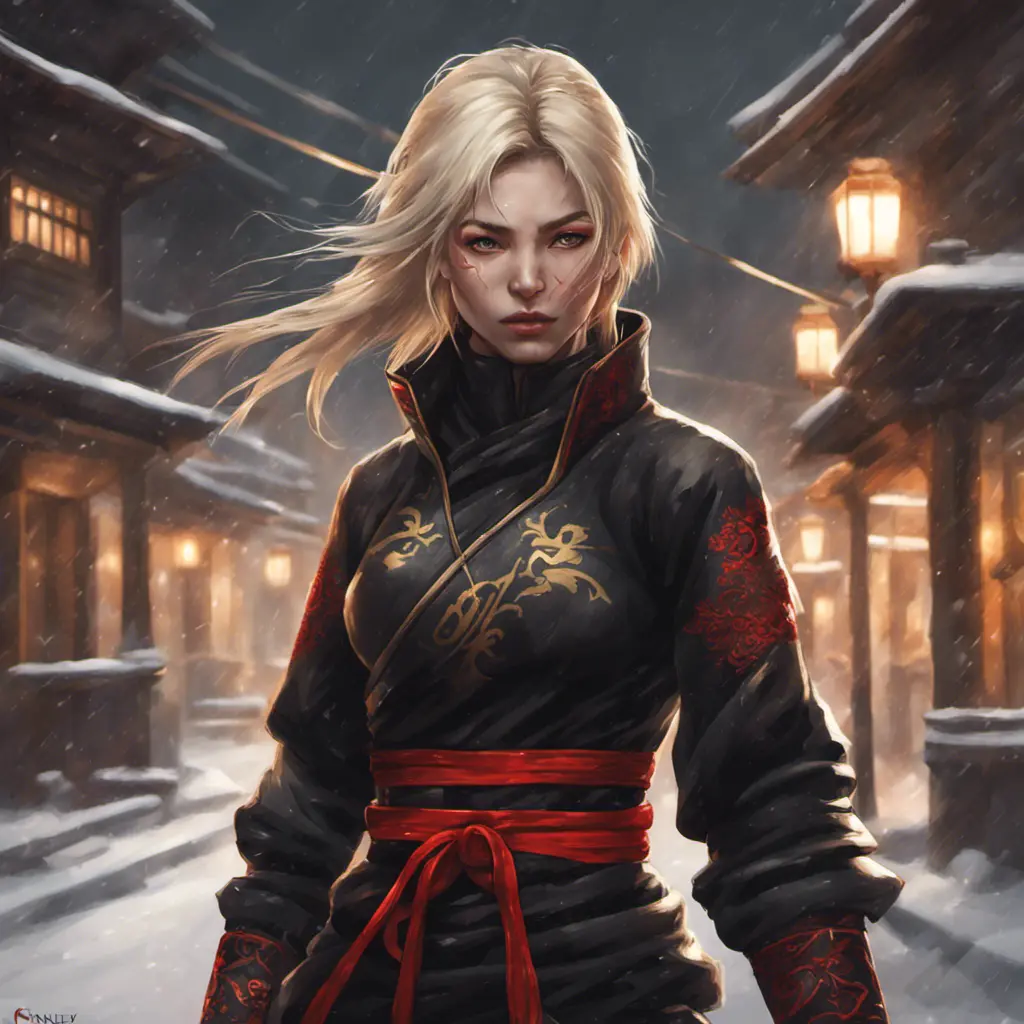 Mysterious beautiful kunoichi ninja wearing black, red and gold in the streets of a dark snowy town in russia, 8k, Intricate Details, Trending on Artstation, Blonde Hair by Stanley Artgerm Lau, WLOP