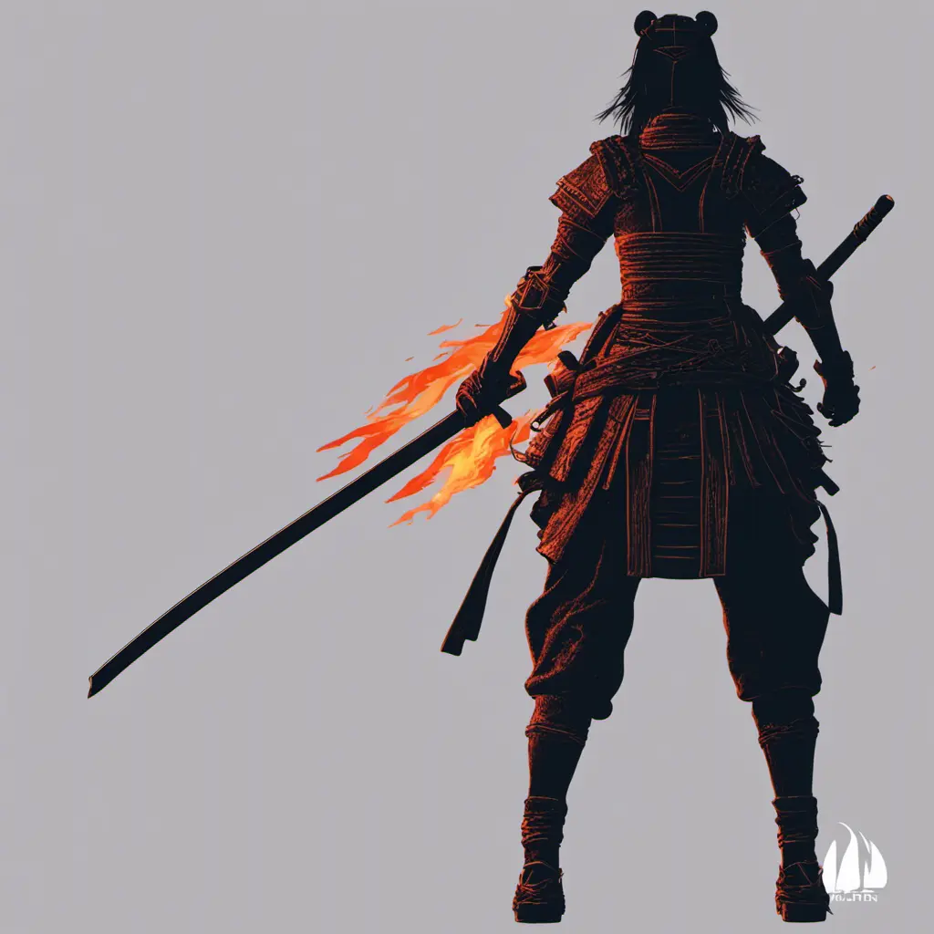 Silhouette of a samurai female assassin in the style of Fire watch, 8k, Dystopian, Trending on Artstation, Volumetric Lighting